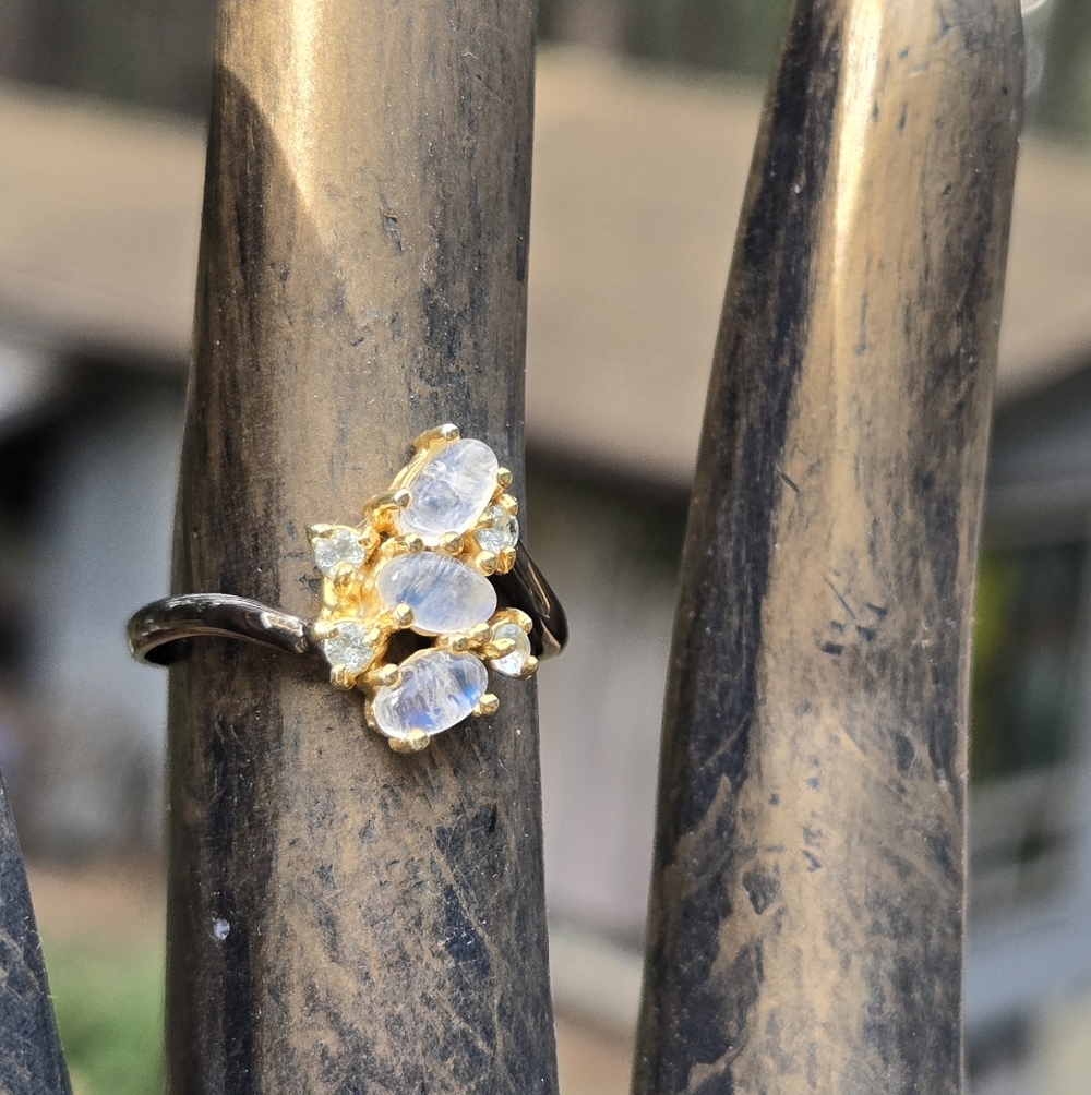 Moonstone & Topaz Natural Gemstones Sterling Rhodium & Gold Ring Sz7.25 - Picture 5 of 8